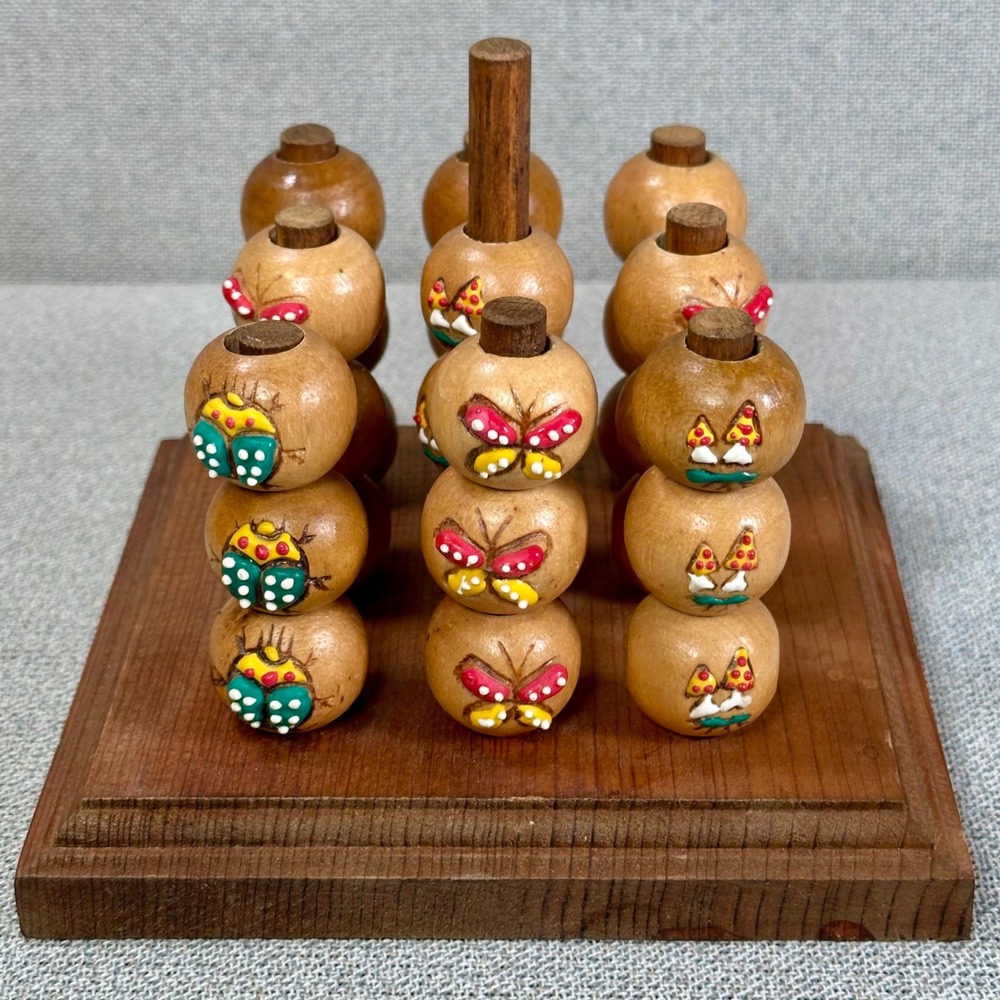Vintage Handmade Wood Folk Art 3D Tic Tac Toe Game Butterfly Ladybug Mushroom
